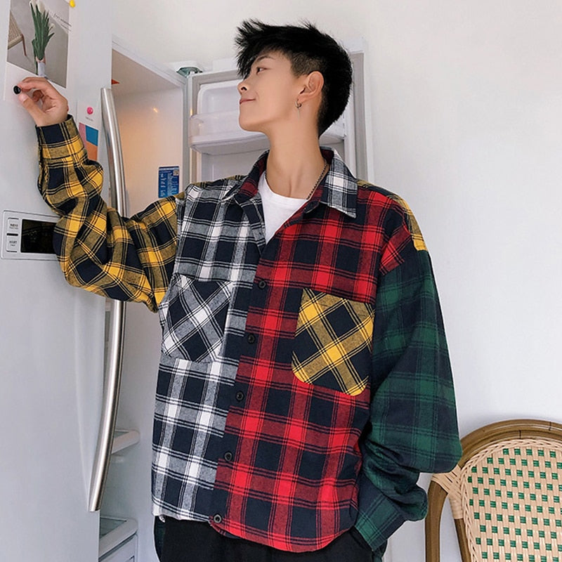 Men's Oversized Cotton Plaid Patchwork Button Up Long Sleeve Shirt