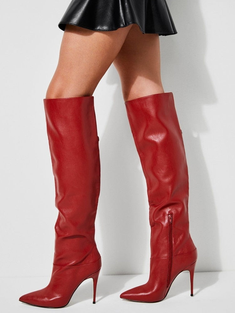 Red Knee-High Leather Side Zipper Pointed Toe Thigh High Boots