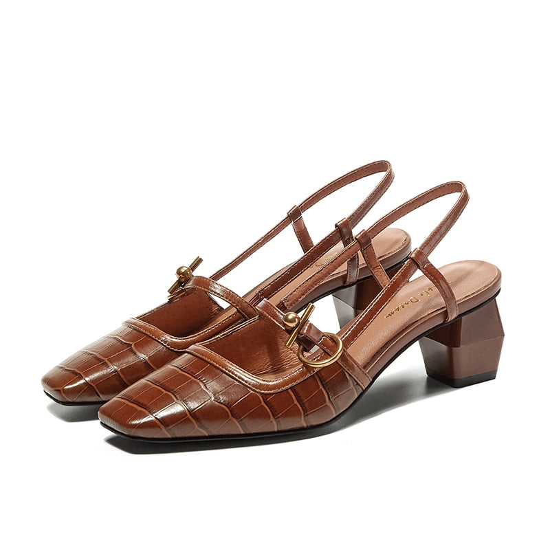 Croc Pattern Slingback Mary Jane Leather Square Toe Buckle Strap Sandals