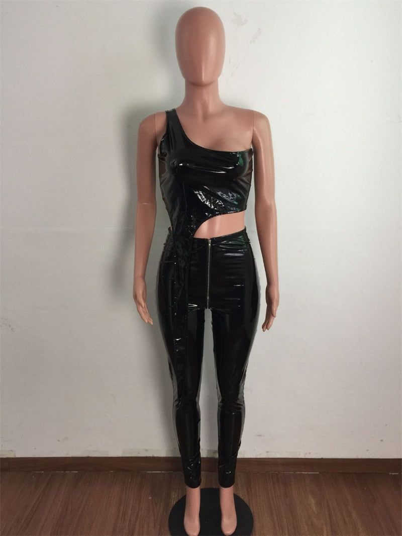 Asymmetrical Faux Leather One Shoulder Sleeveless Irregular Vest Crop Top + Zipper Pants 2-Piece Set