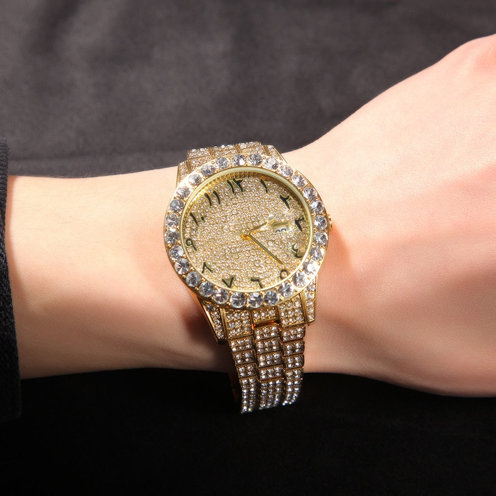 Rhinestone Geometric Hip-Hop Big Dial Full Iced Out Arabic Numerical Stainless Steel Quartz Watch