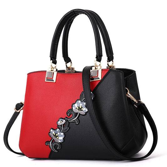 Colorblock Embroidered Messenger Leather Handbag