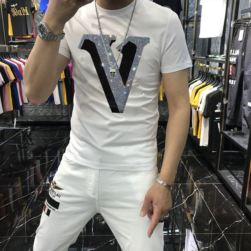 Men's Rhinestone V Emblem Slim Short Sleeve T-Shirt