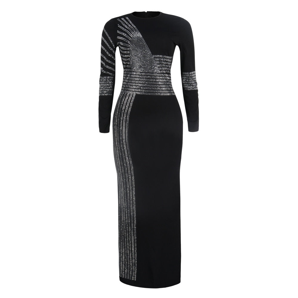 Metallic African Maxi Sequined O-Neck Long Sleeve Evening Party Dress