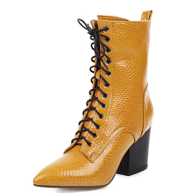 Solid Lace Up Pointed Toe Snake Ankle Strap Zipper Boots