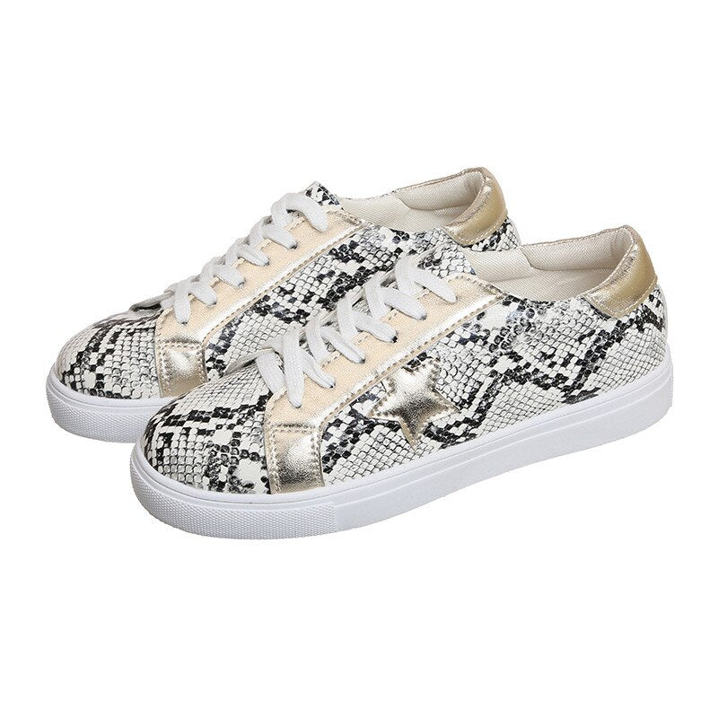 Snake Print Leather Women's Designer Star Design Vulcanized Sneakers