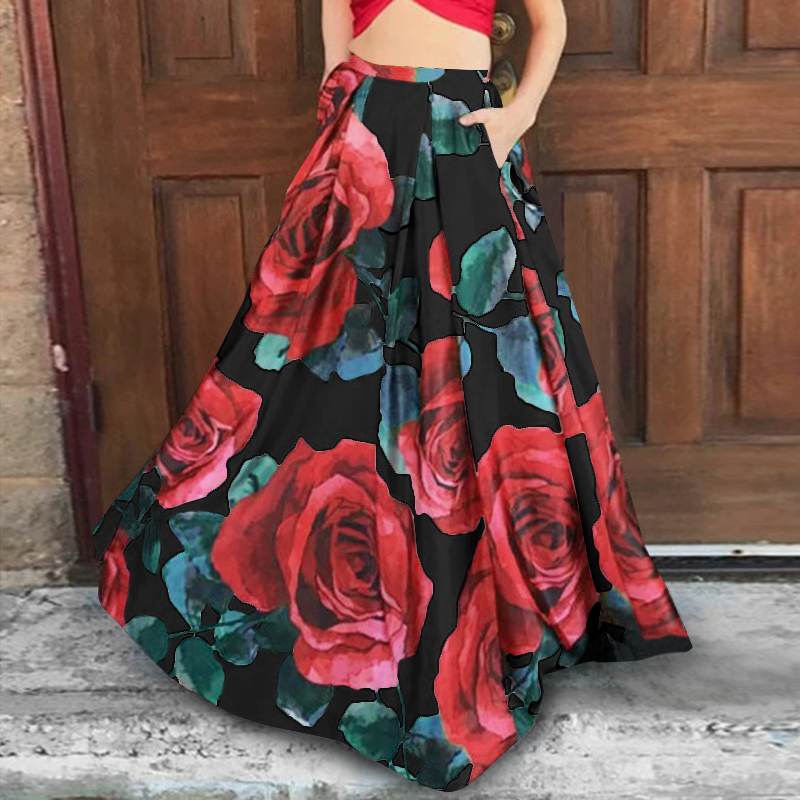 Floral Rose Design Bohemian Oversized Flared High Waist Maxi Skirt to 5X Plus Size