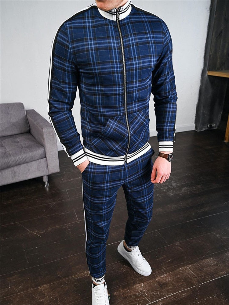 Men's Plaid/Geometric O-Neck Printed Zipper Jacket Tracksuits