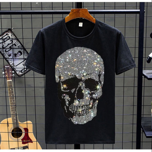 Men's Shiny Rhinestone Skull Head Short Sleeve O-Neck T-Shirt Set Big & Tall to 5X