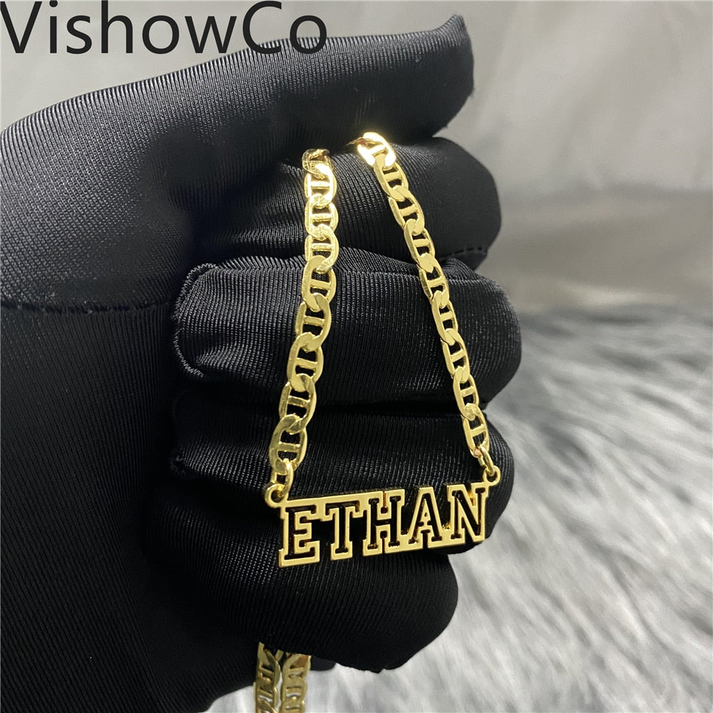 Stainless Steel Gold Choker Custom Name Necklace Personalized Flat Chain Nameplate Pendant Necklace