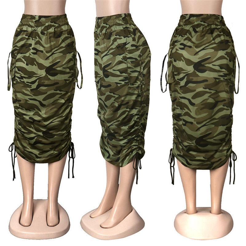 Camouflage/Newspaper Print Draw String Ruched Long Cargo Pocket Skirt