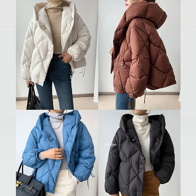 90% Duck Down Short Jacket Women Thick Warm Loose Cocoon Type Hooded Diamond Puffer Jacket