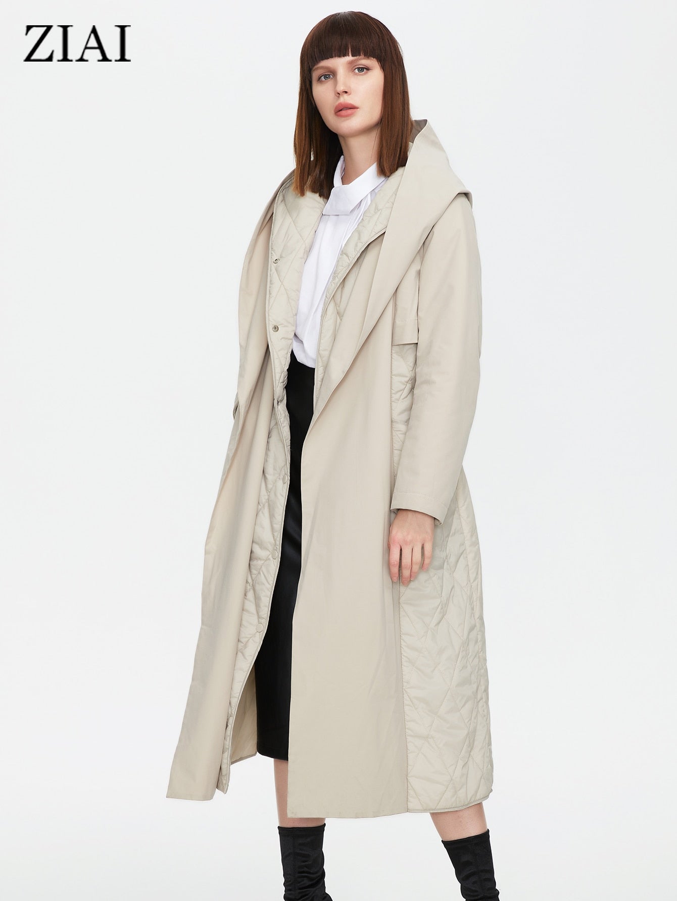 Quilted Long Thin Cotton Trench Coat Hooded Belt Windbreaker Trench Coat