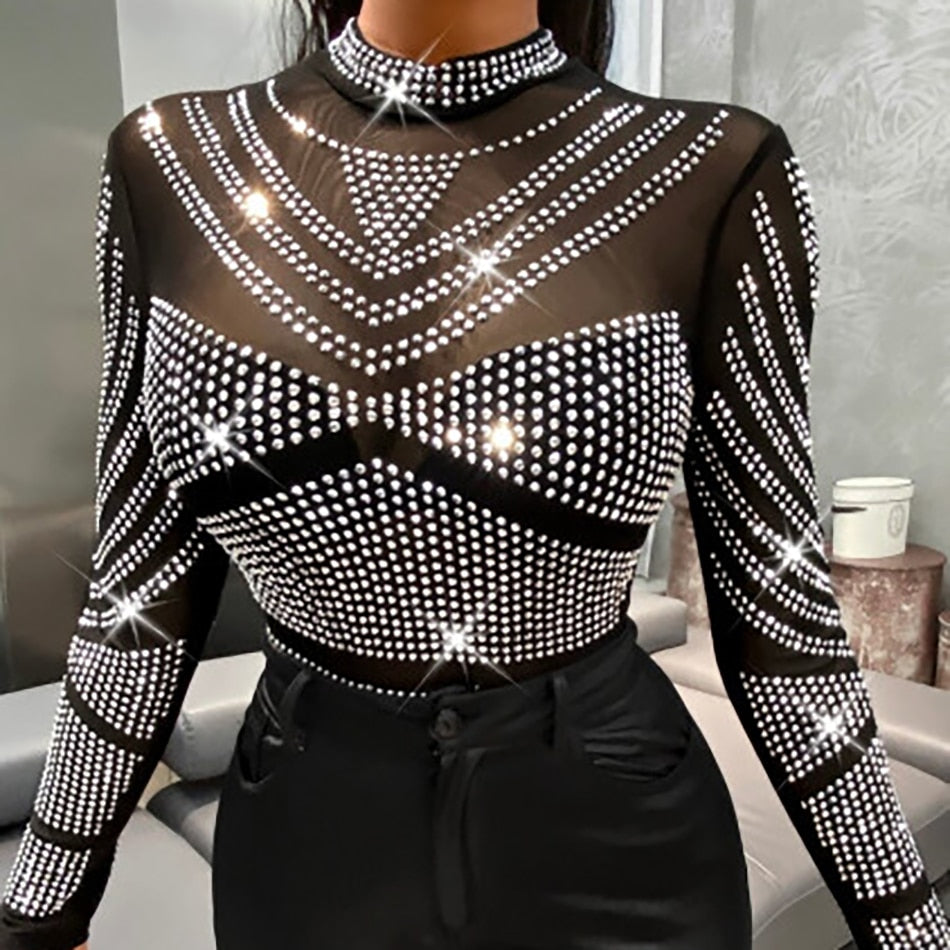 Transparent Mesh Long Sleeve Sheer Rhinestone Bodysuit