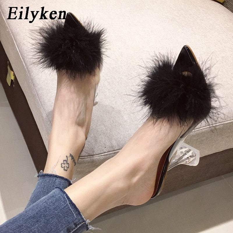 Ladies Feather PVC Transparent High heels Fur Peep Toe Mule Pumps