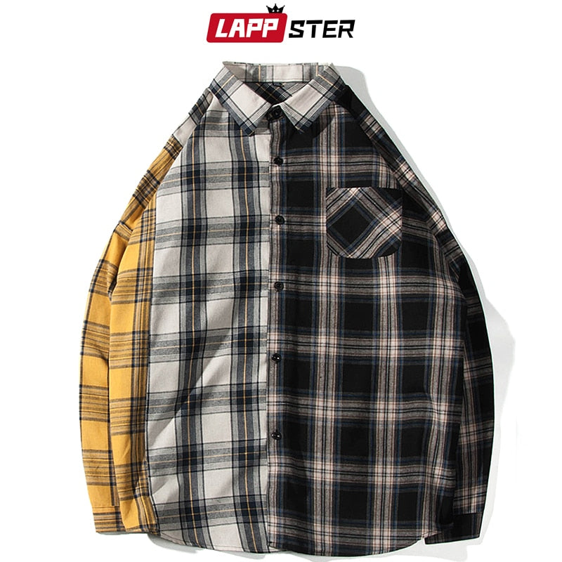 Men's Oversized Cotton Plaid Patchwork Button Up Long Sleeve Shirt