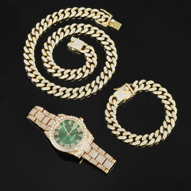 3-Piece Hip Hop/Rock Jewelry Sets: Bling Crystal AAA+ Rhinestone Iced Out Cuban Chain, Colored Watch + Bracelet