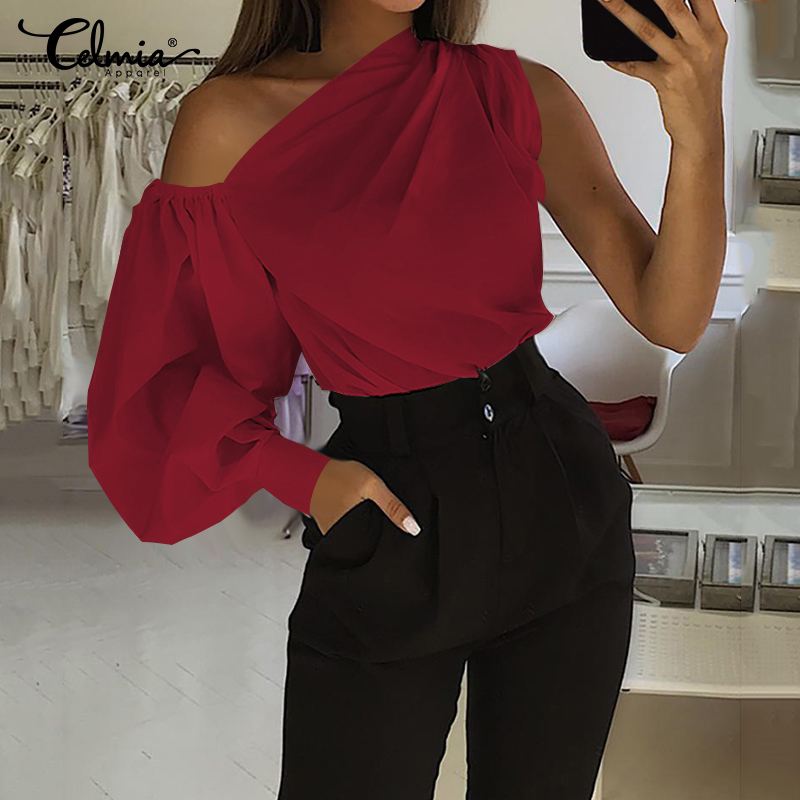 Lantern Sleeve Asymmetrical One Shoulder Loose Blouse