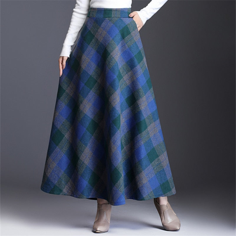 Wool Plus Size Plaid Pleated A-Line Maxi Tartan Skirt