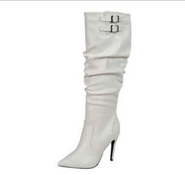 Ruched Leather Buckle Pointed Toe High Heels Knee High Zipper Boots