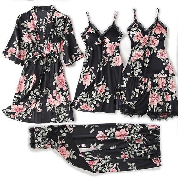 Satin Women's Sleepwear Set/Pajamas: Kimono Gown, Lace Intimate Lingerie Hollow Out Camisole, and Matching Lingerie Top w/ Shorts & Silky Pajama Pants