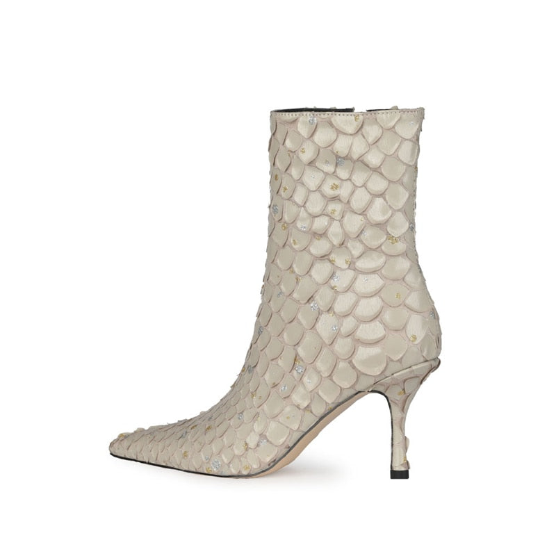 Fish Scale Pattern Thin Heel Pointed Toe Ankle Boots