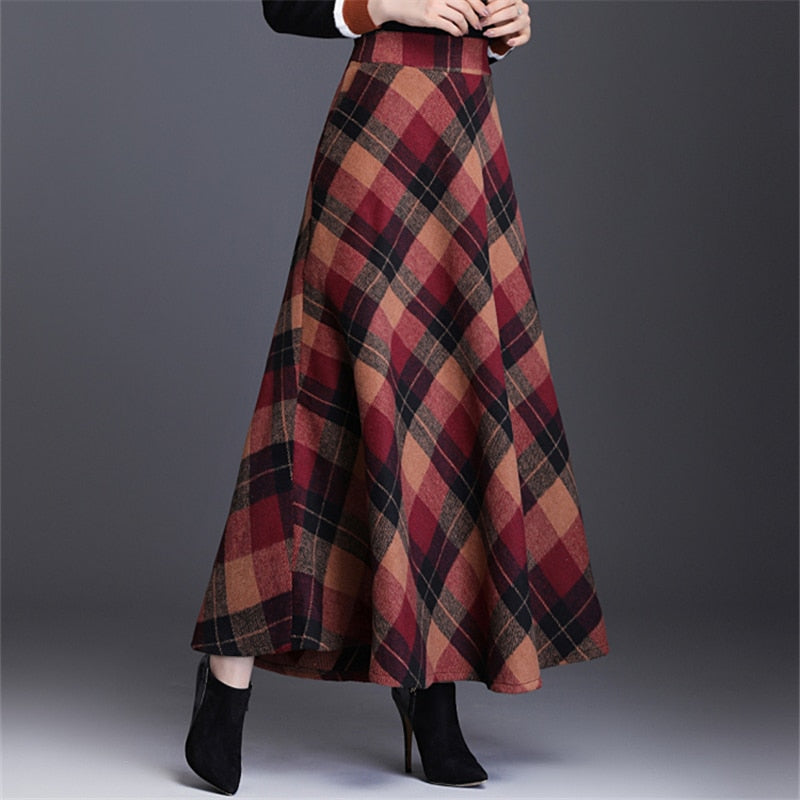 Wool Plus Size Plaid Pleated A-Line Maxi Tartan Skirt