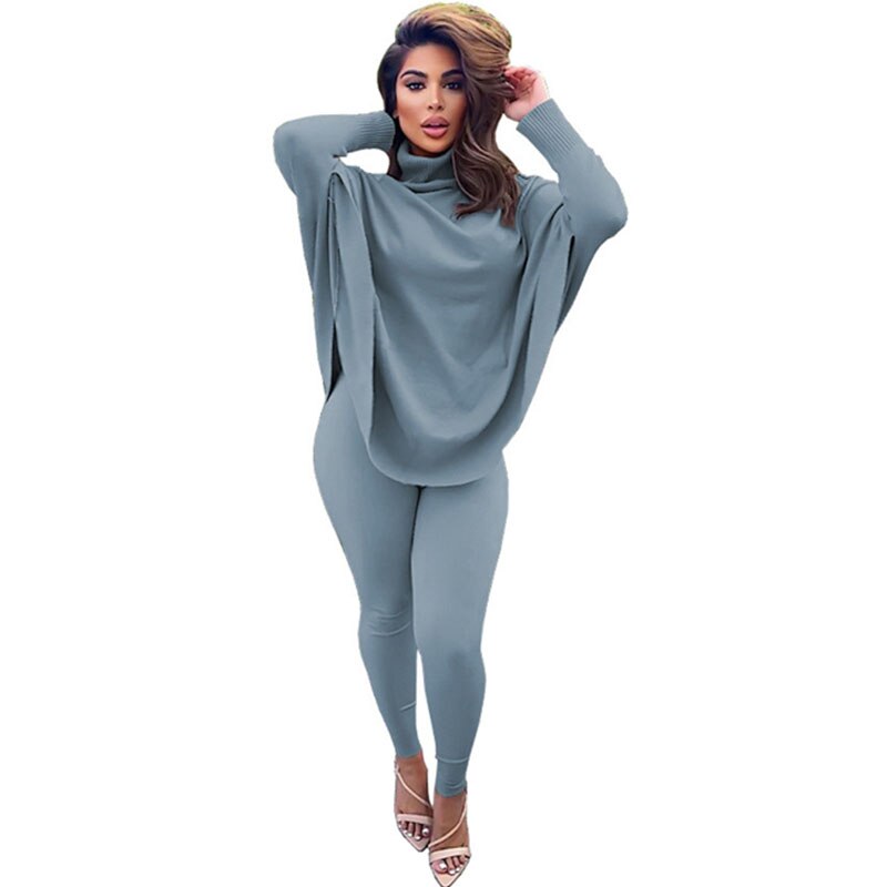 Batwing Long Sleeve Oversize Turtleneck Top & Bodycon Pant 2-Piece Set to 3X Plus