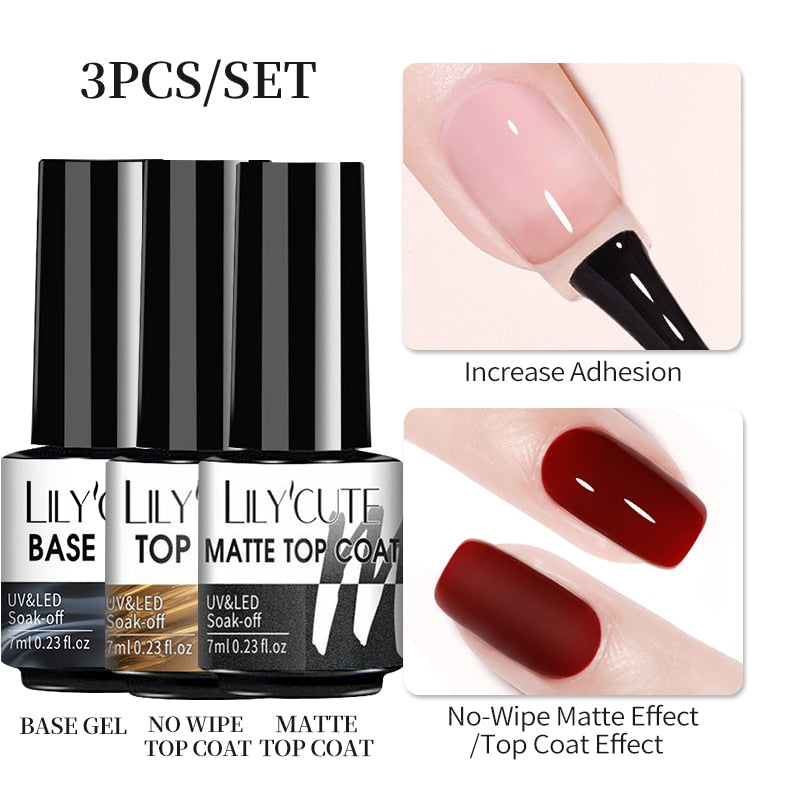 3 Piece Gel Polish Set: Winter Color Glitter Sequin Matte Effect Gel, Long Lasting Base Top Coat Nail Art Design