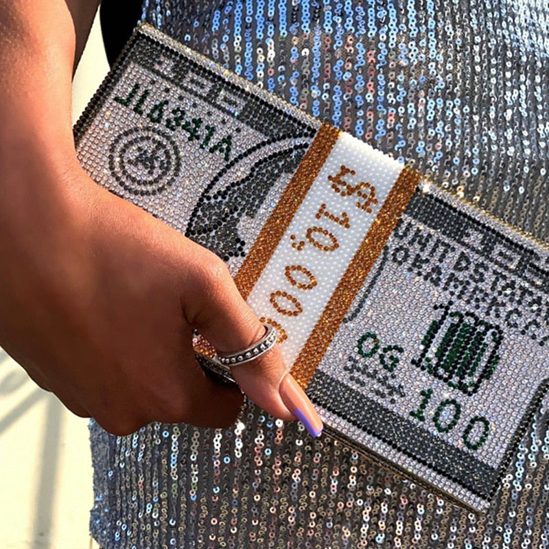 Glitter Bling Money Dollar Bill Crystal Chain Ladies Diamond Clutch Purse