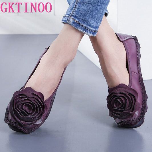 Flower Design Round Toe Solid Color Genuine Leather Flats