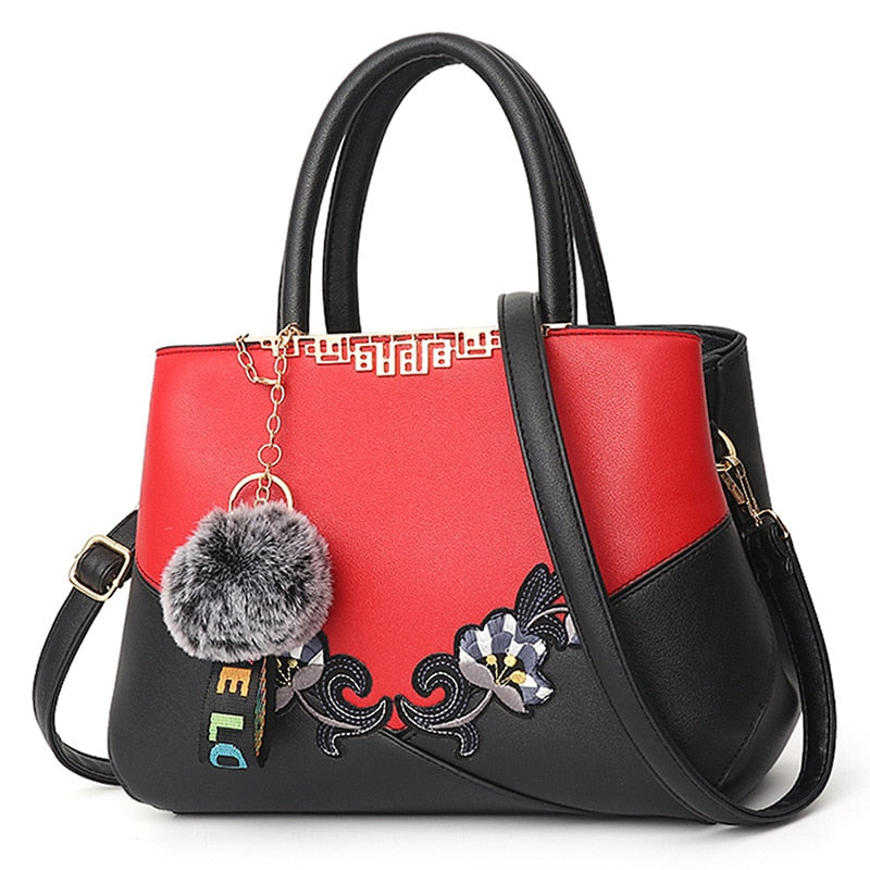 Colorblock Embroidered Messenger Leather Handbag