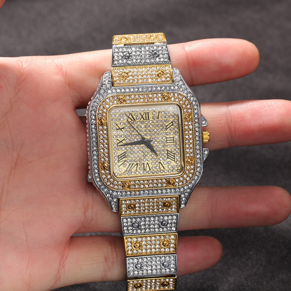 Hip Hop Full Iced Out Full Drill Square Stainless Steel Rhinestones Quartz Square Watch