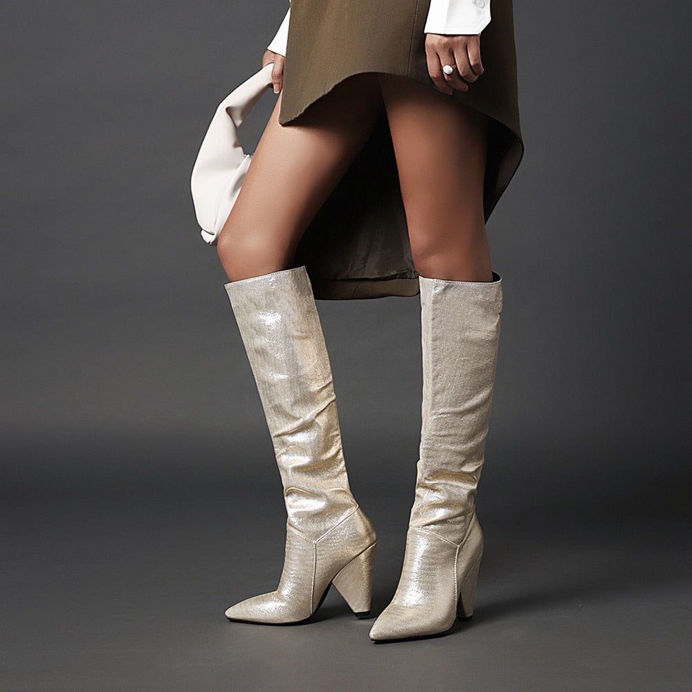 Metallic Western Pleated Sequined Cloth Knee High Ladies Pointed Toe Boots