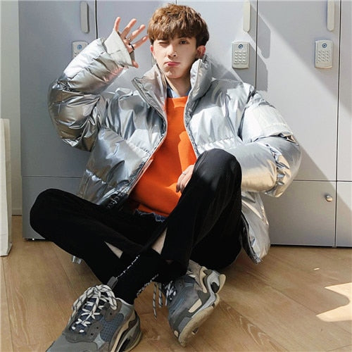 Men's Shiny PU Leather Puffer Bomber Jackets