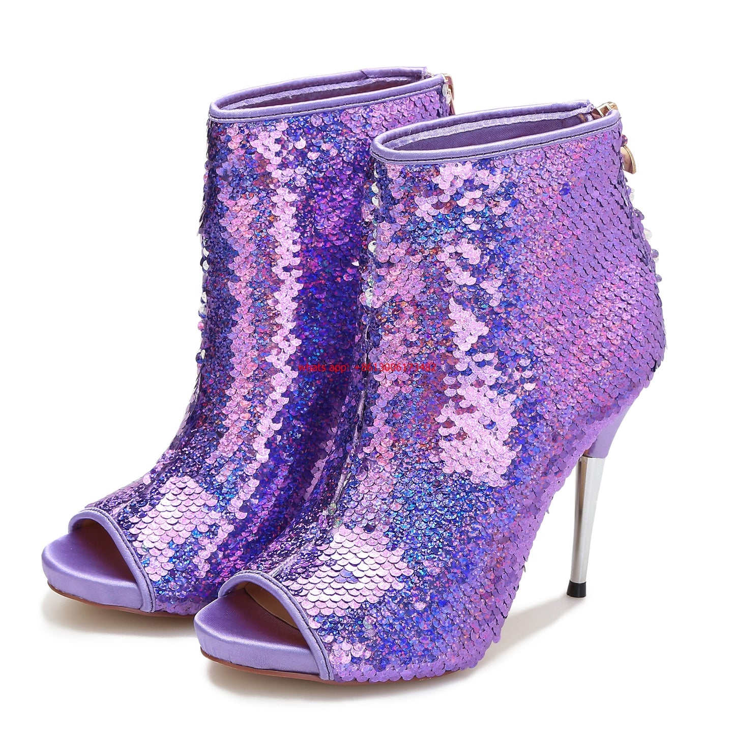 Peep Toe Stiletto Sequined Platform Ankle Boots