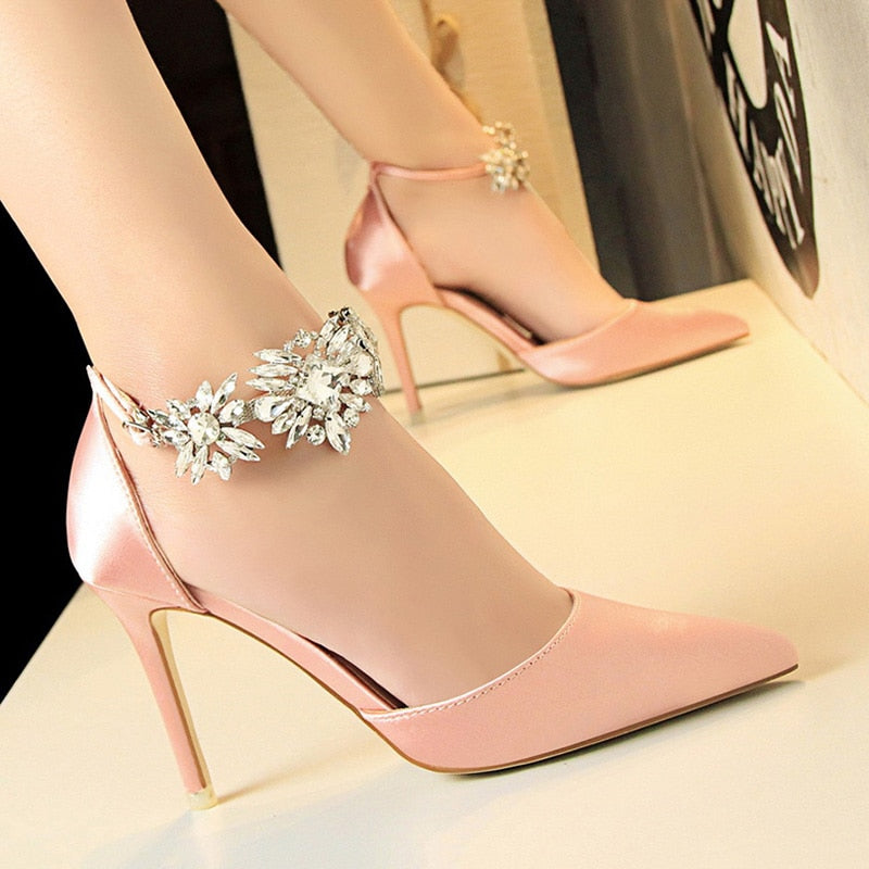 Satin Rhinestone Ankle Pendant Stiletto Silk Sandal Pumps