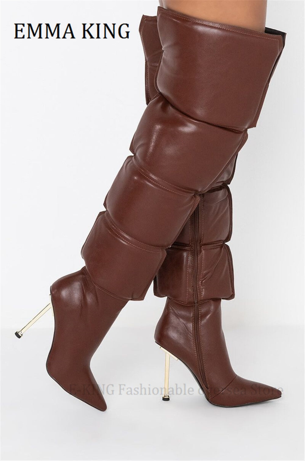 Puffer Shaft Over-the-knee Metallic Stiletto Ankle Zipper Thigh High Boots