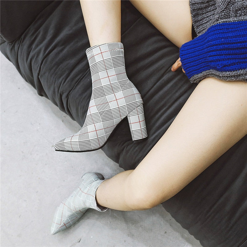 Plaid/Leopard/Solid Print Slip-On Women's Pointed Toe Ankle Boots