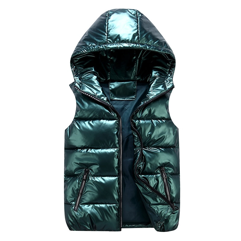 Hooded Ladies Padded Sleeveless Shiny Puffer Vests