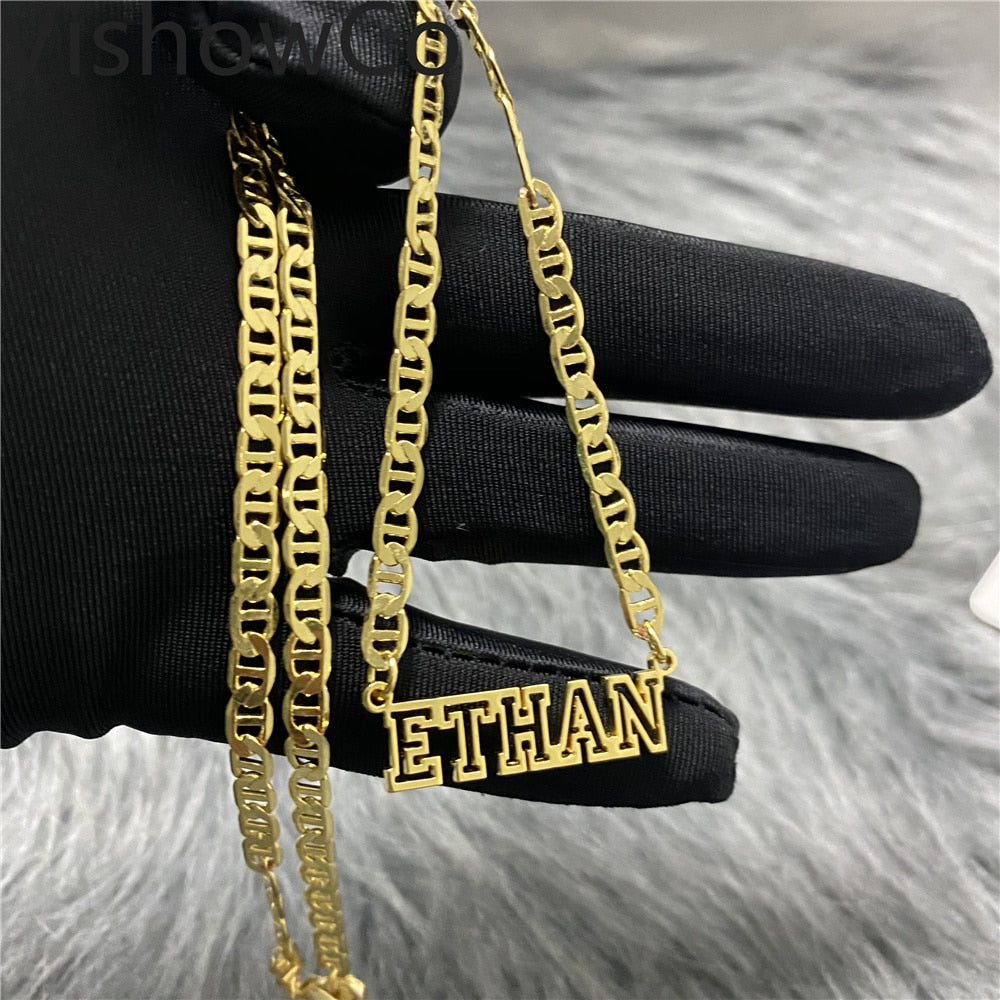 Stainless Steel Gold Choker Custom Name Necklace Personalized Flat Chain Nameplate Pendant Necklace