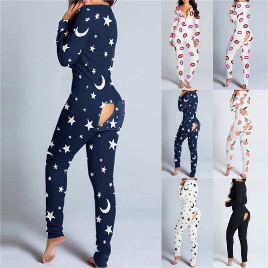 Button-Down Front V-Neck Long Sleeve Ladies Pajamas Onesie