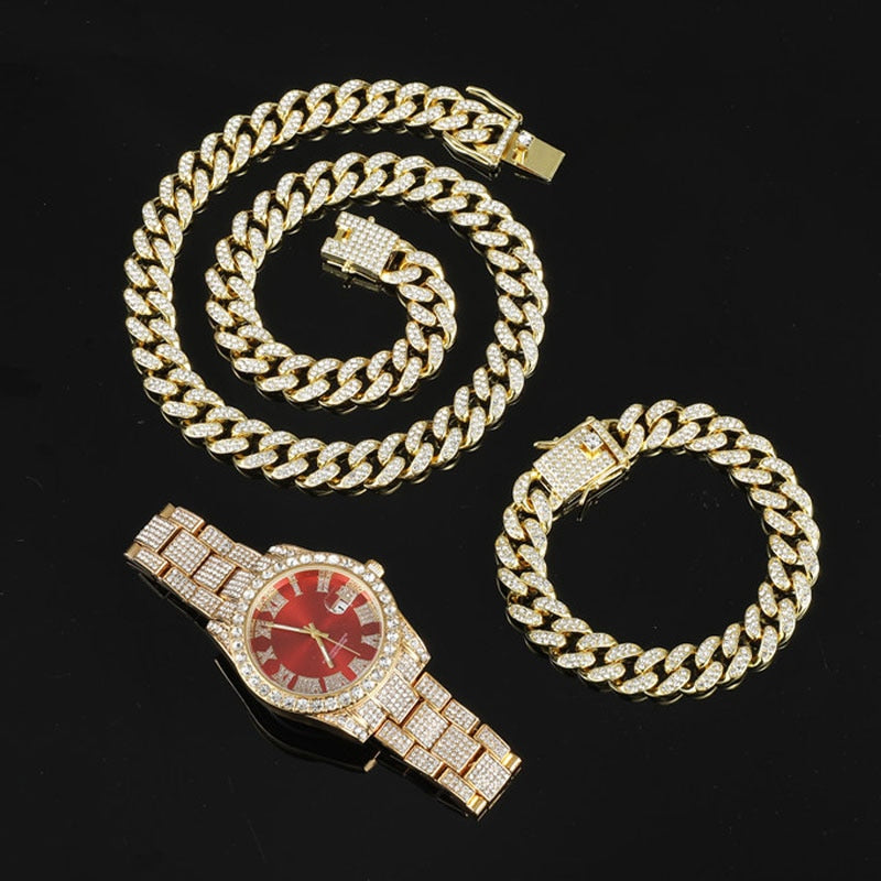 3-Piece Hip Hop/Rock Jewelry Sets: Bling Crystal AAA+ Rhinestone Iced Out Cuban Chain, Colored Watch + Bracelet