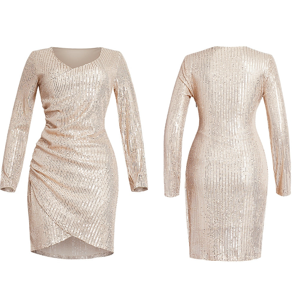 Sparkle Long Sleeve V-Neck Bodycon Party Dress