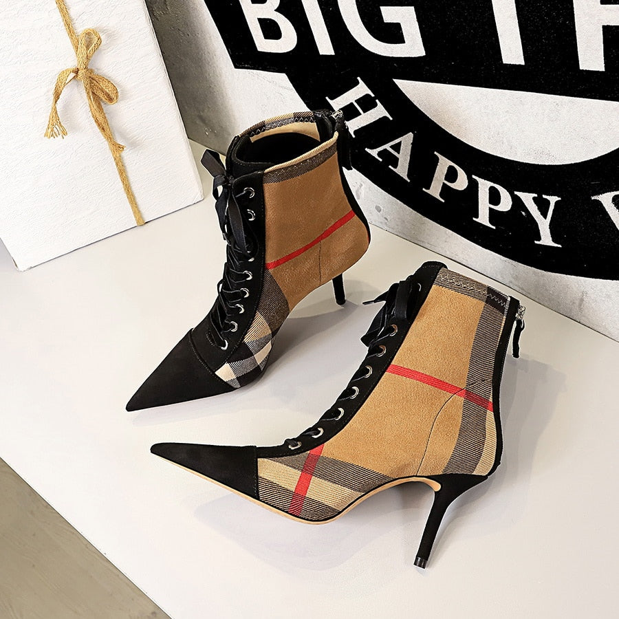 Pointed Toe Plaid Lace up Fashion Cross Strap Ankle Boots