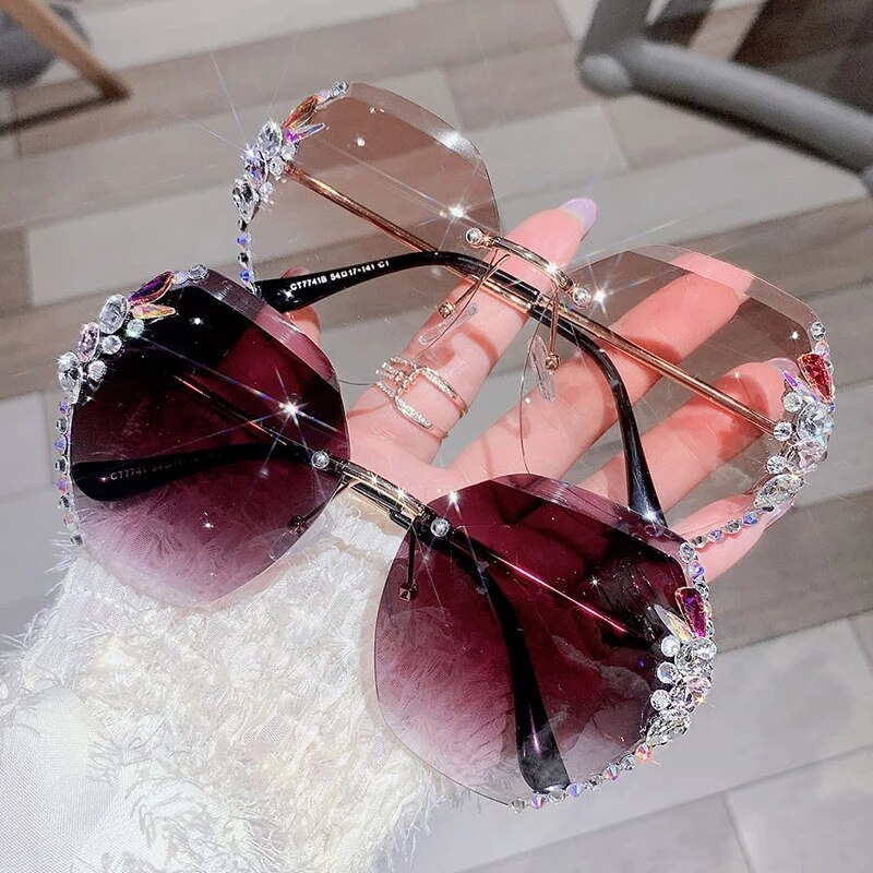 Bling Rhinestone Sun Glasses Women's Rimless Shades UV400