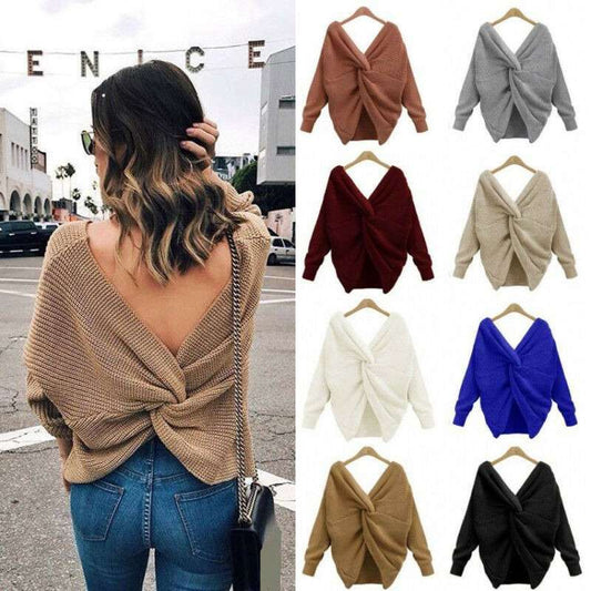 Twist Wrap Back Cross Knot Long Sleeve V-Neck Knitted Sweater