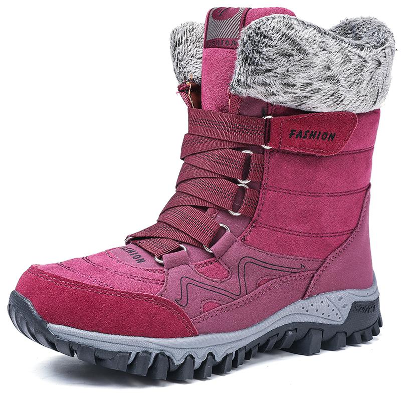 Furry Top Suede Leather Women's Waterproof Ankle Snowboots