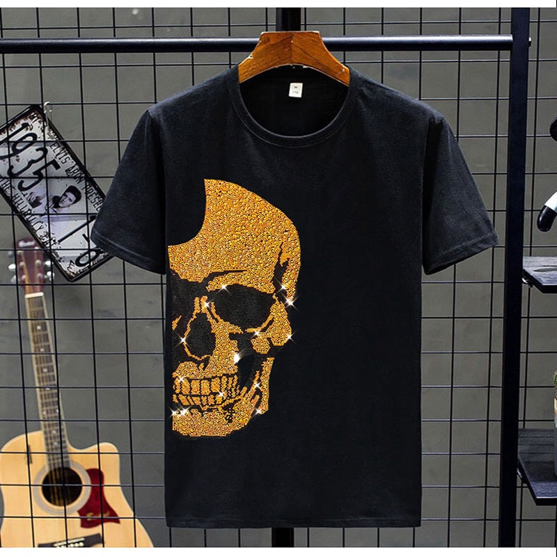 Men's Shiny Rhinestone Skull Head Short Sleeve O-Neck T-Shirt Set Big & Tall to 5X