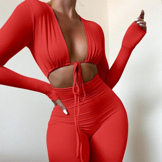 Bandage Solid Color Lace-Up Cropped Top Long Sleeve Bodycon Jumpsuit